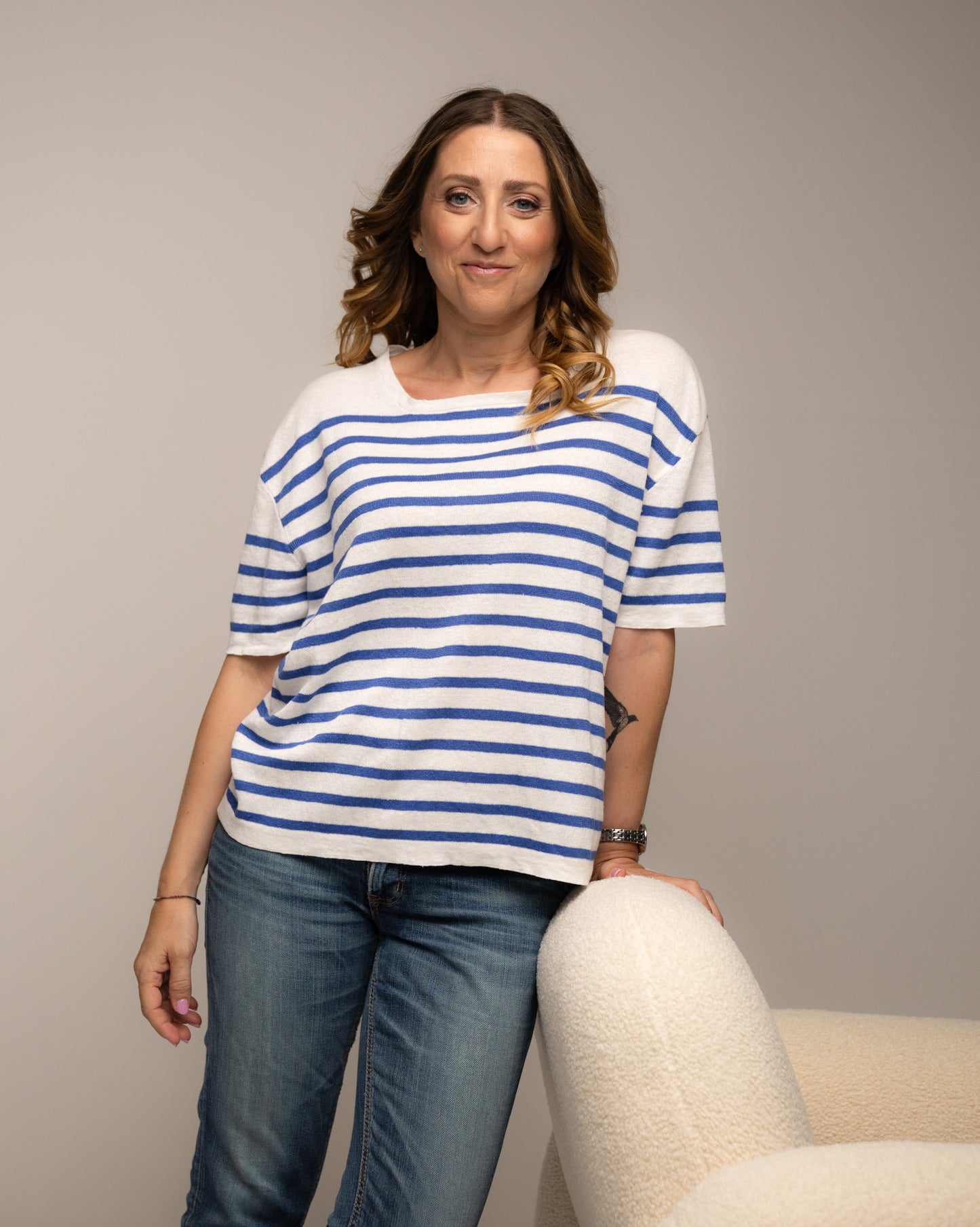 Maglia unisex a righe puro lino manica corta