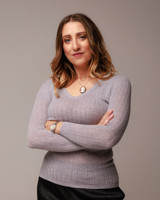 Maglia scollo a v in pizzo di lana a righe lavabile in lavatrice