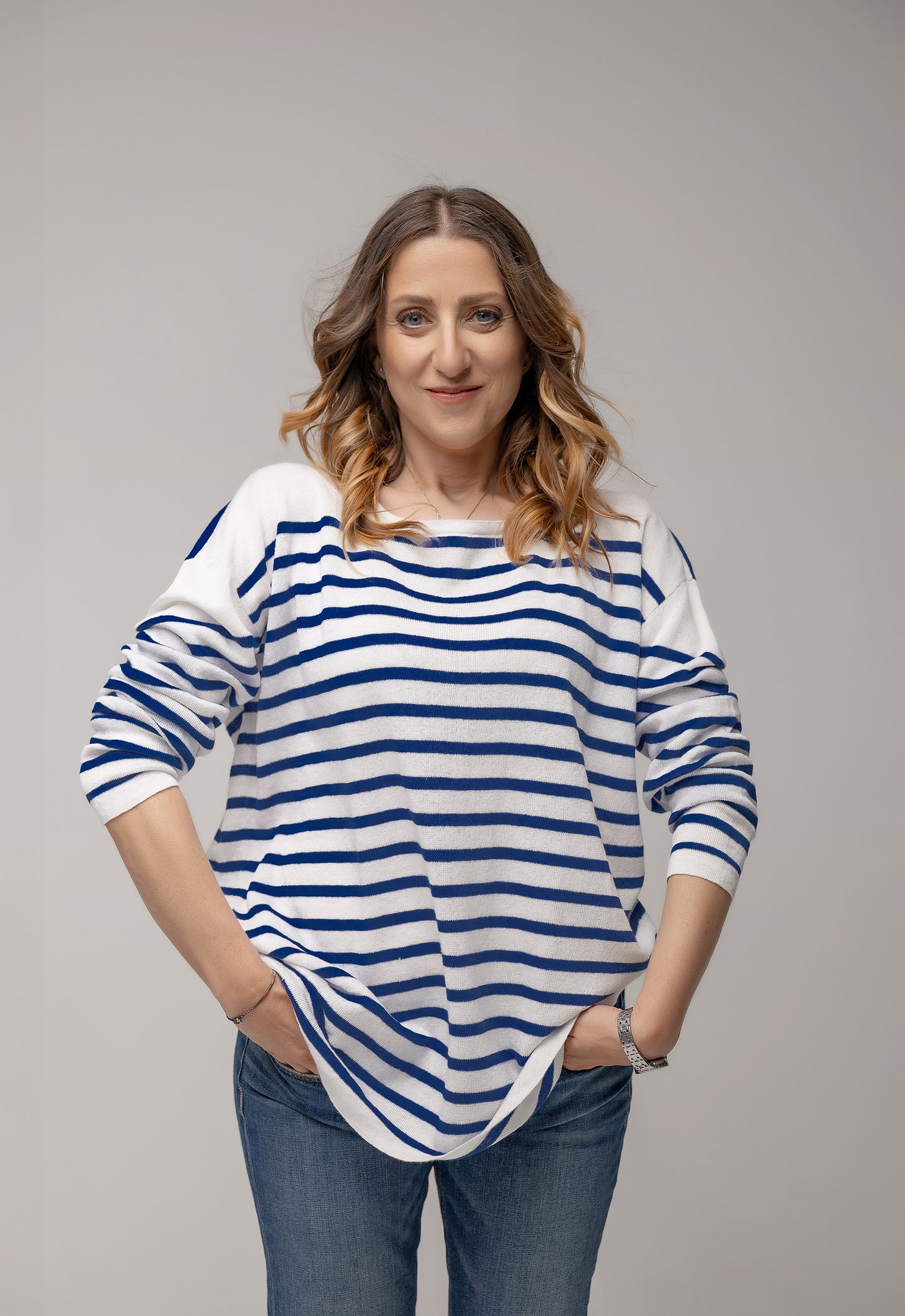 Maglia unisex a righe puro lino manica LUNGA