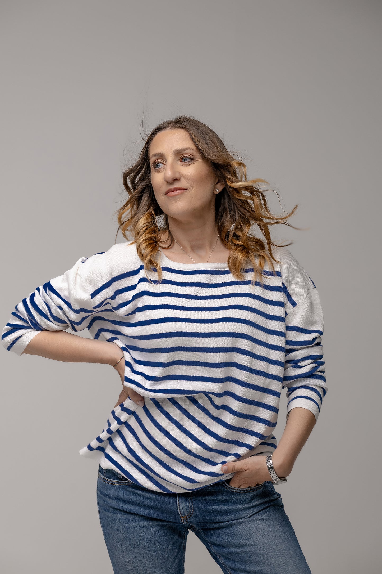 Maglia unisex a righe puro lino manica LUNGA