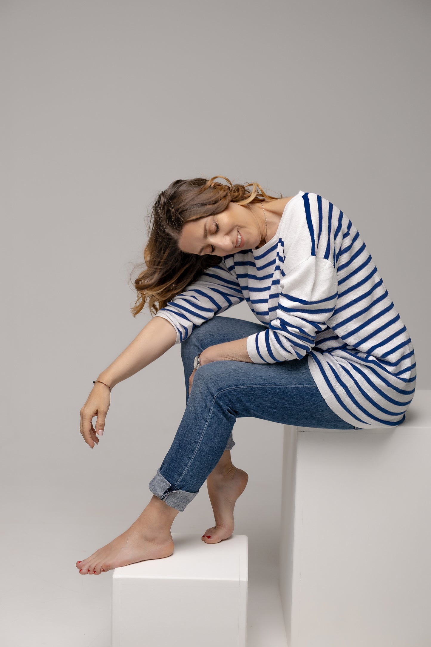 Maglia unisex a righe puro lino manica LUNGA