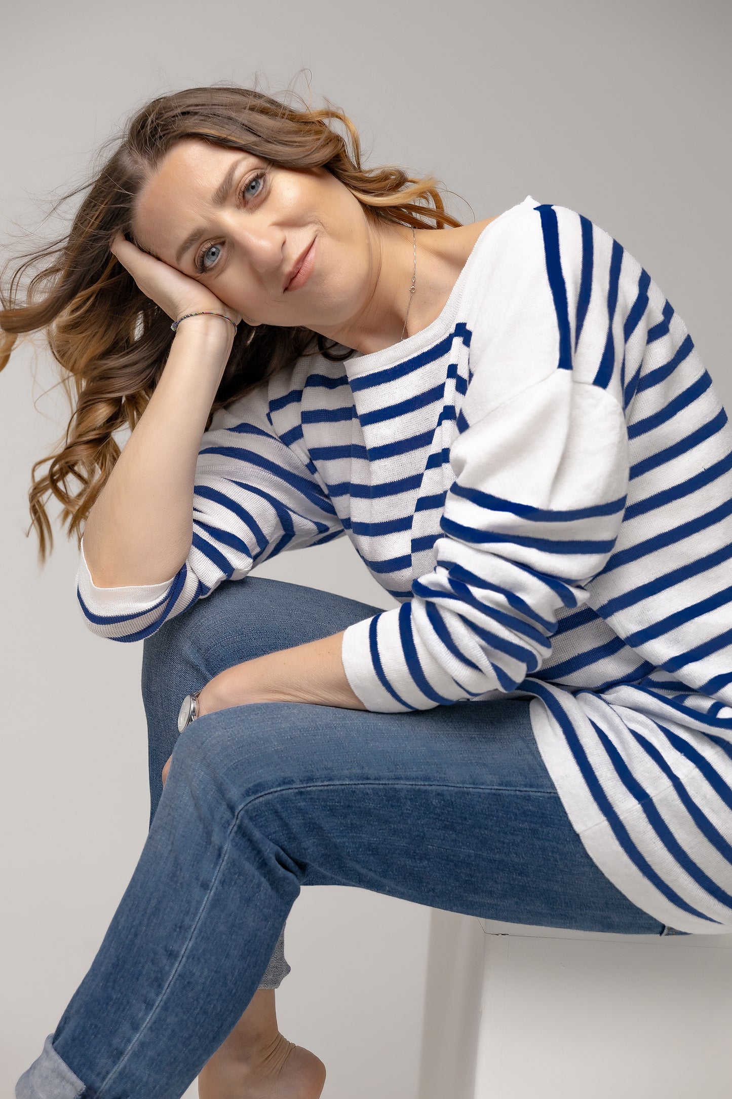 Maglia unisex a righe puro lino manica LUNGA