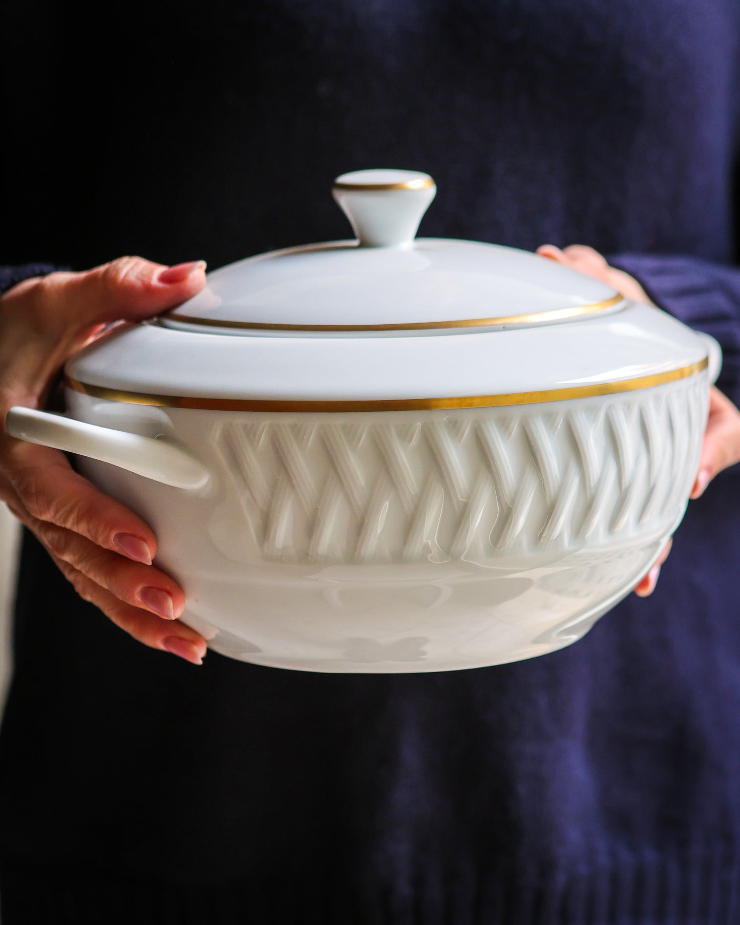 Zuppiera porcellana Limoges Sologne decoro rete oro satinata