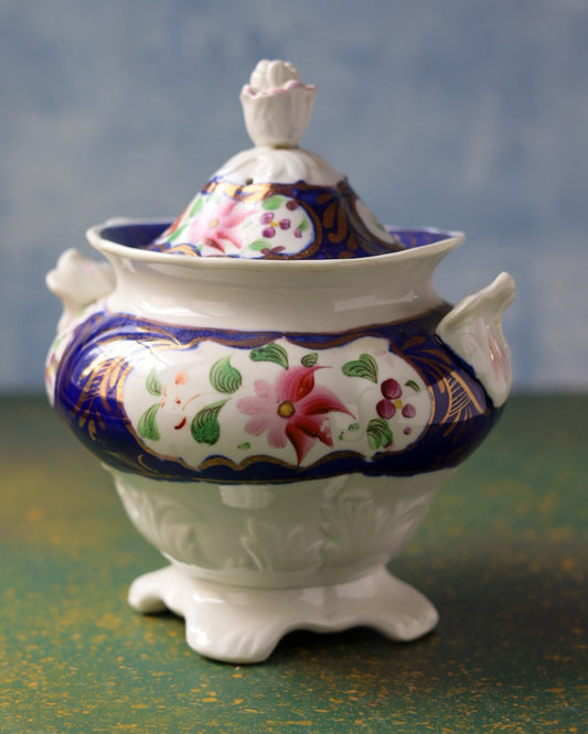 Sucrier in Porcellana Gaudy Welsh con Decorazione Floreale Policroma Dipinta a Mano – Primo Ottocento