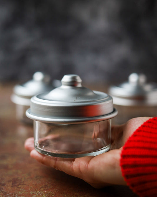 Set tre barattolini in cristallo e alluminio