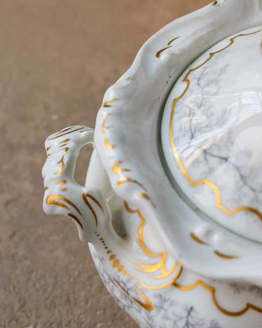 Zuccheriera in porcellana inglese con decoro grigio