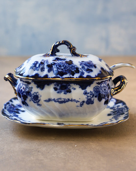 Servizio da Tavola in Porcellana Flow Blue, Marchio Gresham B&S — Inghilterra, Epoca Vittoriana