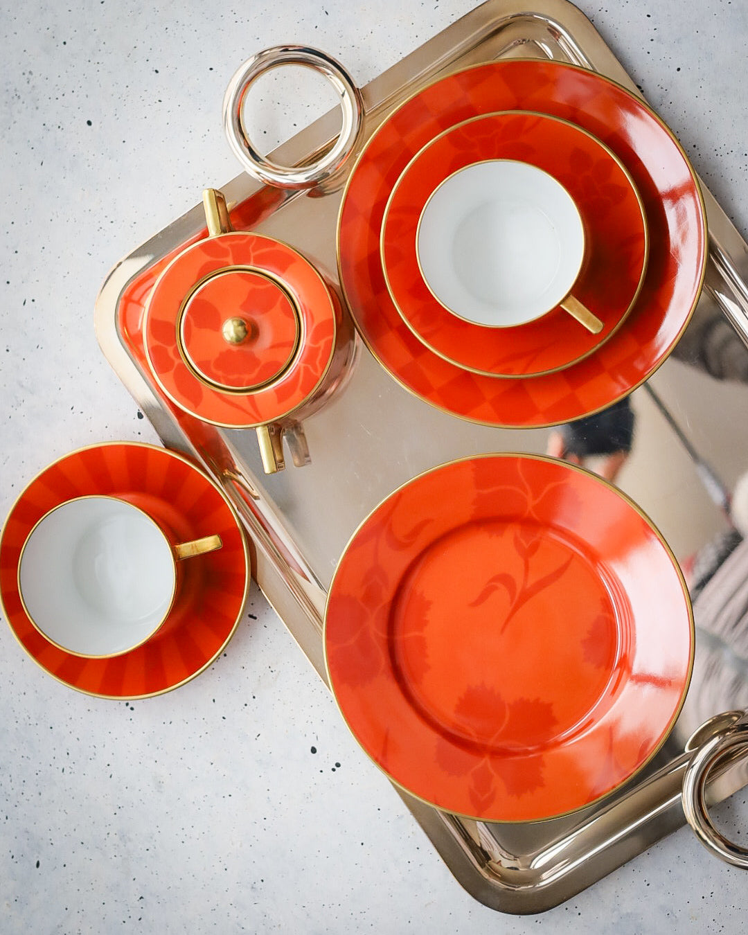 Set per due da tè con piatto dolce Ginori forma Luna decoro corallo