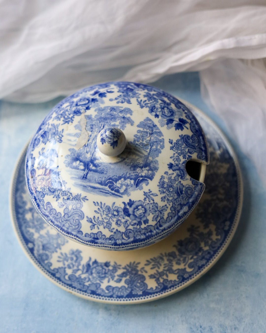 Salsiera tonda spode con coperchio paesaggio transfer