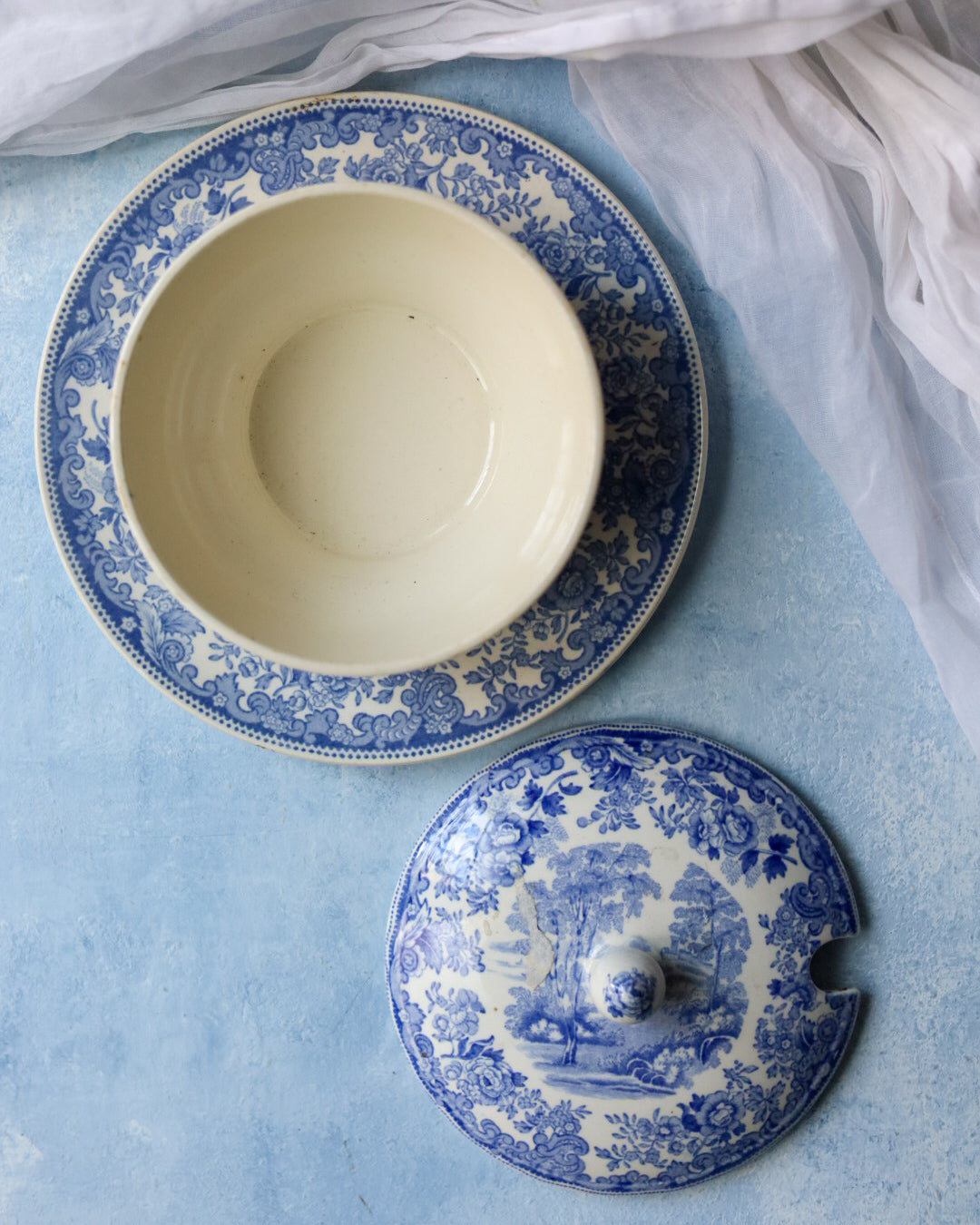 Salsiera tonda spode con coperchio paesaggio transfer