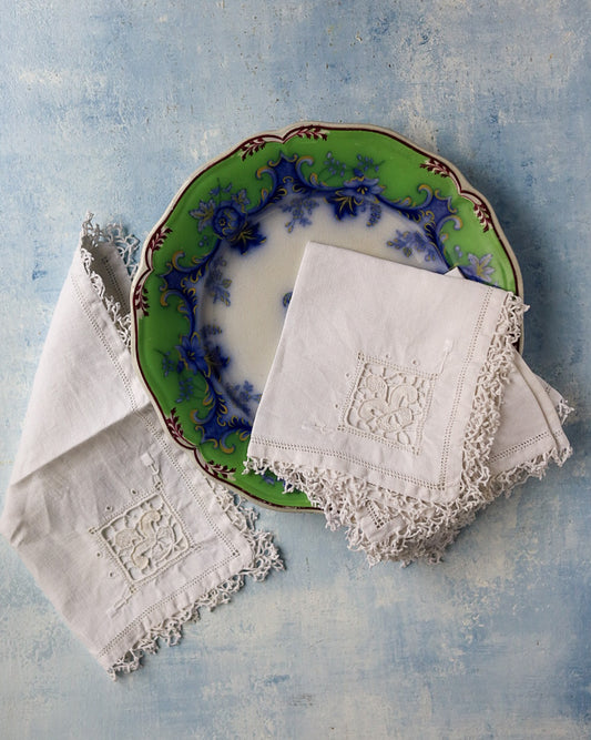 set quattro tovaglioli da tè/aperitivo in lino pizzo ad ago