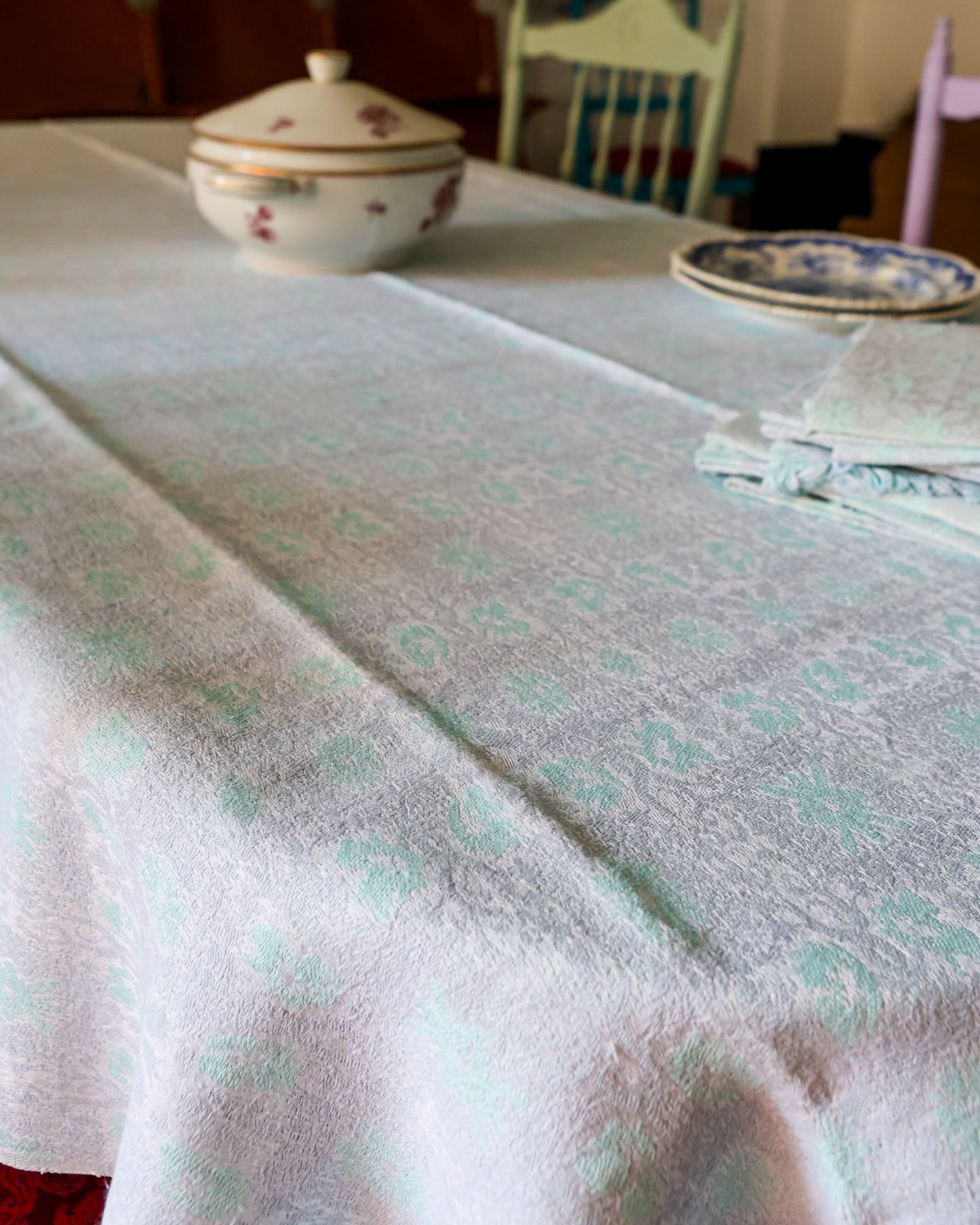 Tovaglia damascata grigia e verde tiffany con 12 tovaglioli