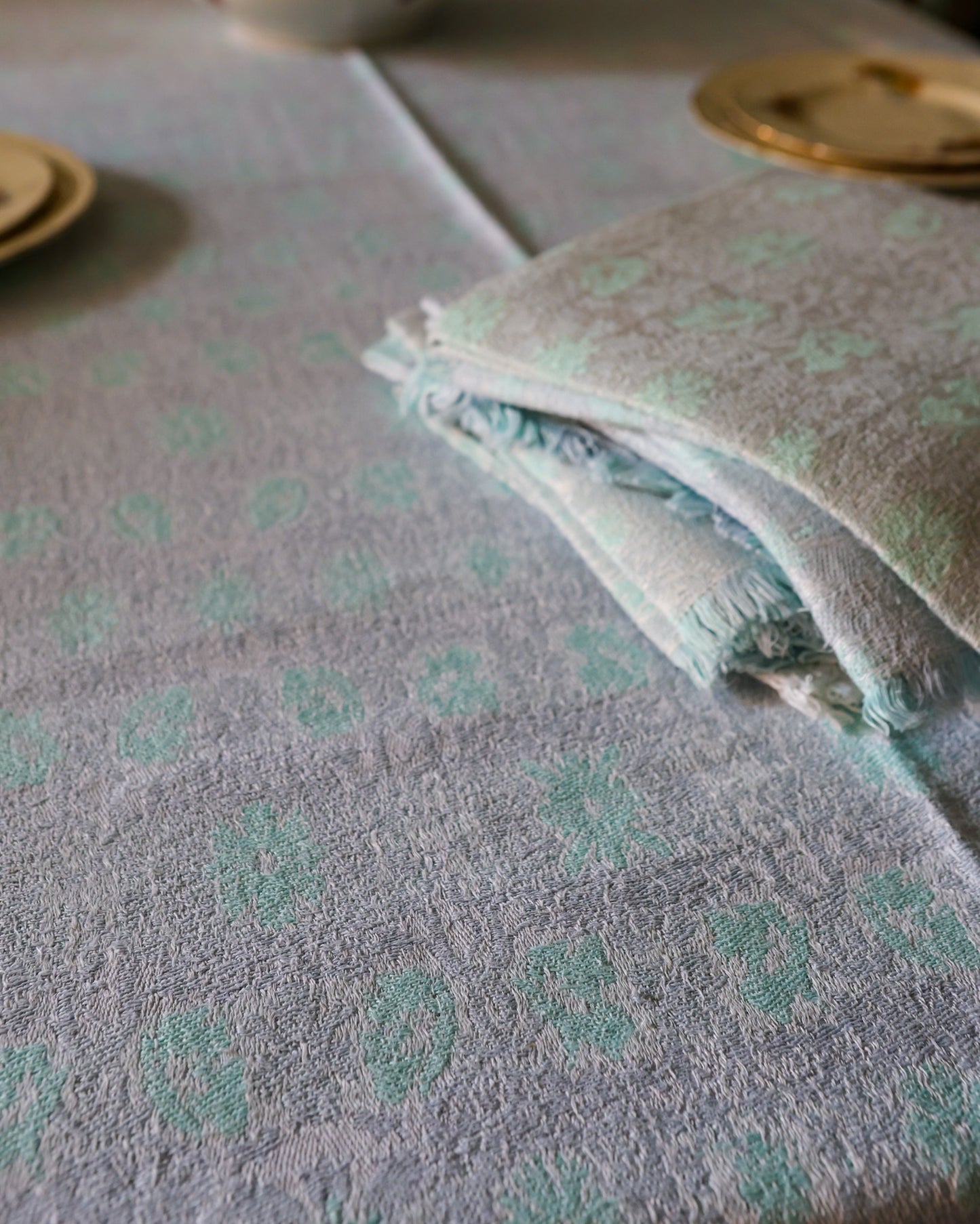 Tovaglia damascata grigia e verde tiffany con 12 tovaglioli