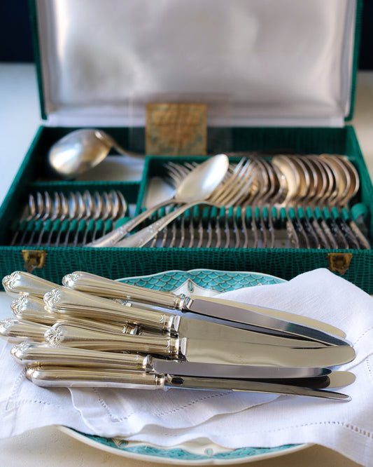 Servizio di posate francesi da 12  art nouveau con mestolo e cucchiaini  scatola verde