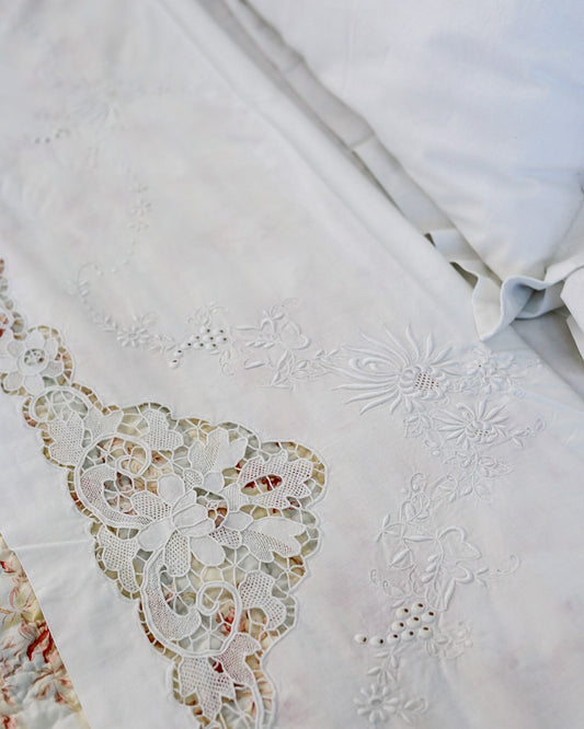 Lenzuolo matrimoniale misto lino con inserto pizzo di burano