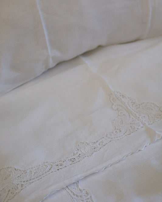 Completo letto singolo lenzuolo con copriletto lino con ricamo burano