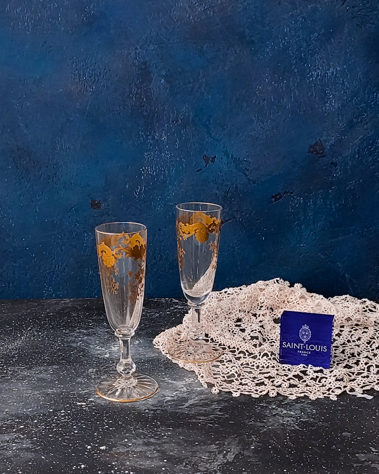 Coppia flutes saint Louis con applicazioni oro zecchino