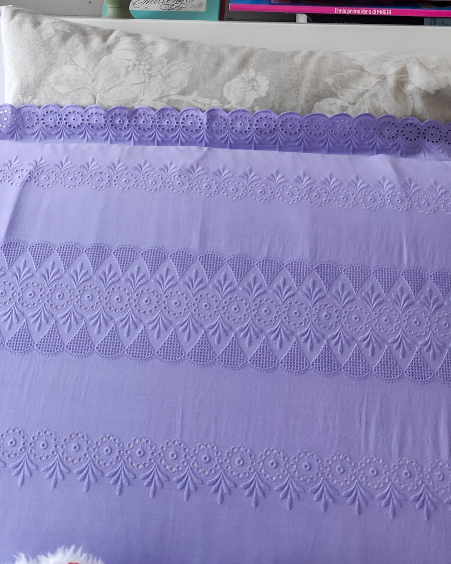 Lenzuolo singolo cotone pizzo san gallo ricamo liberty colore glicine