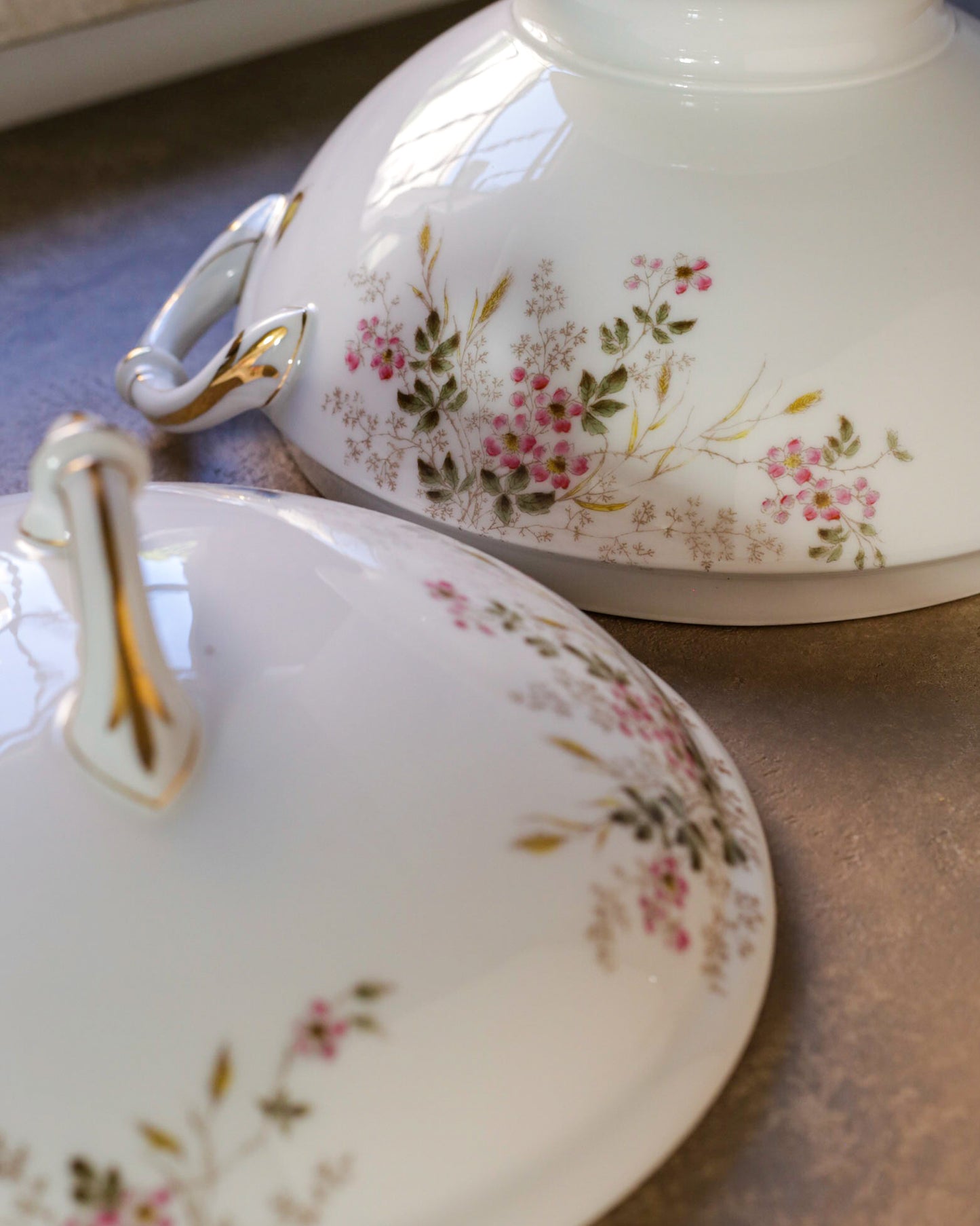 Zuppiera in porcellana bianca limoges con fiori primaverili