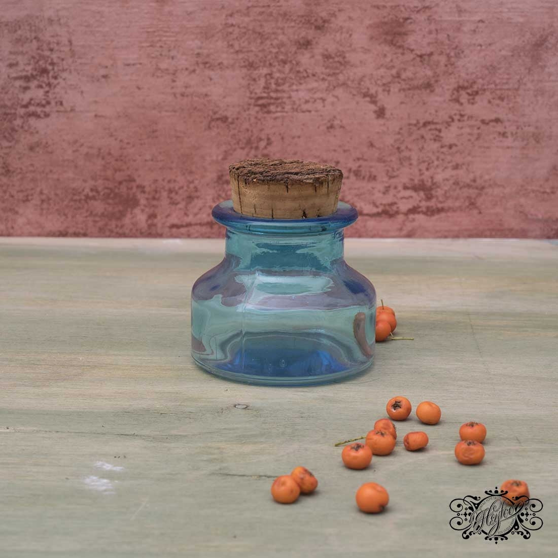 blue little glass jars