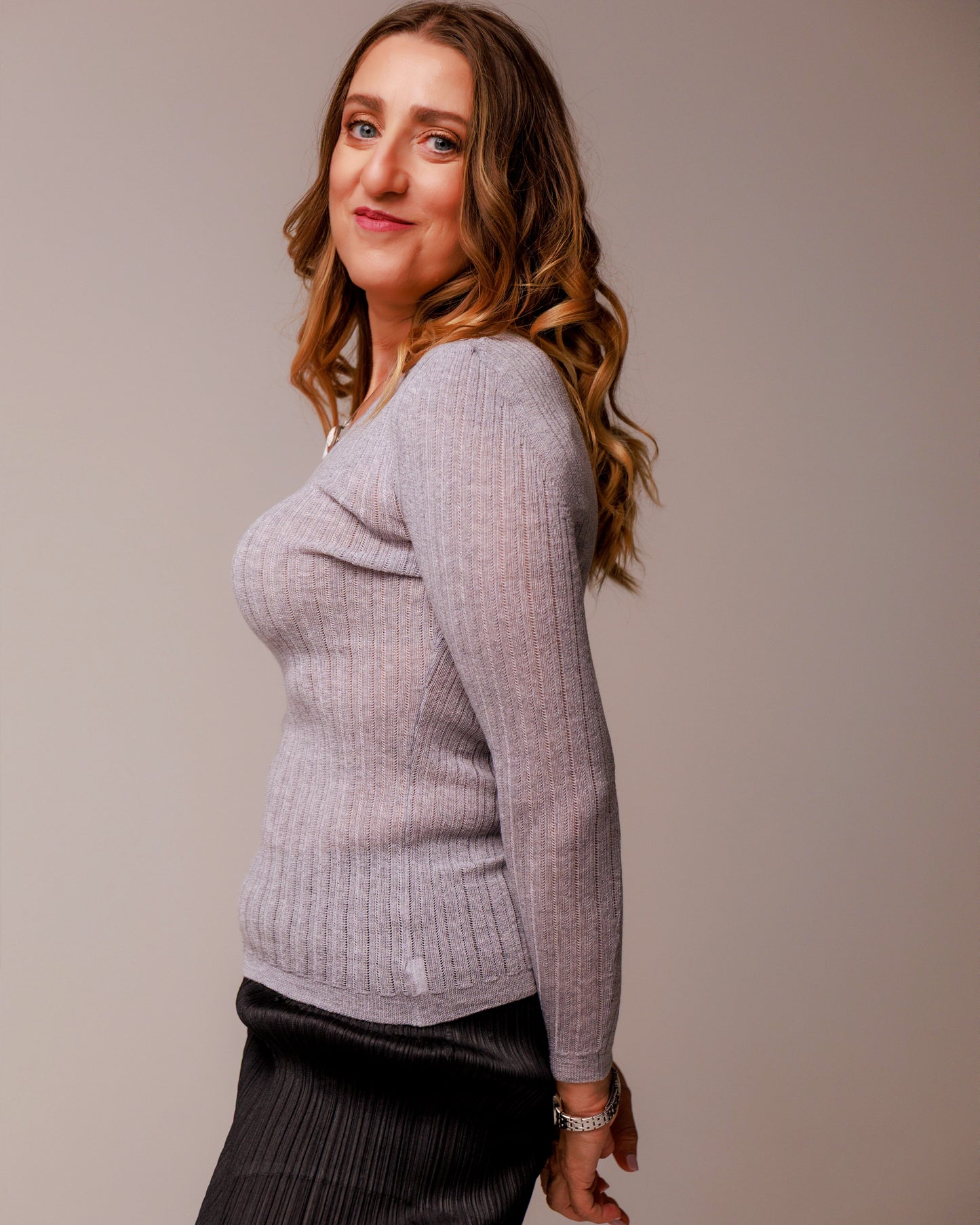 Maglia scollo a v in pizzo di lana a righe lavabile in lavatrice