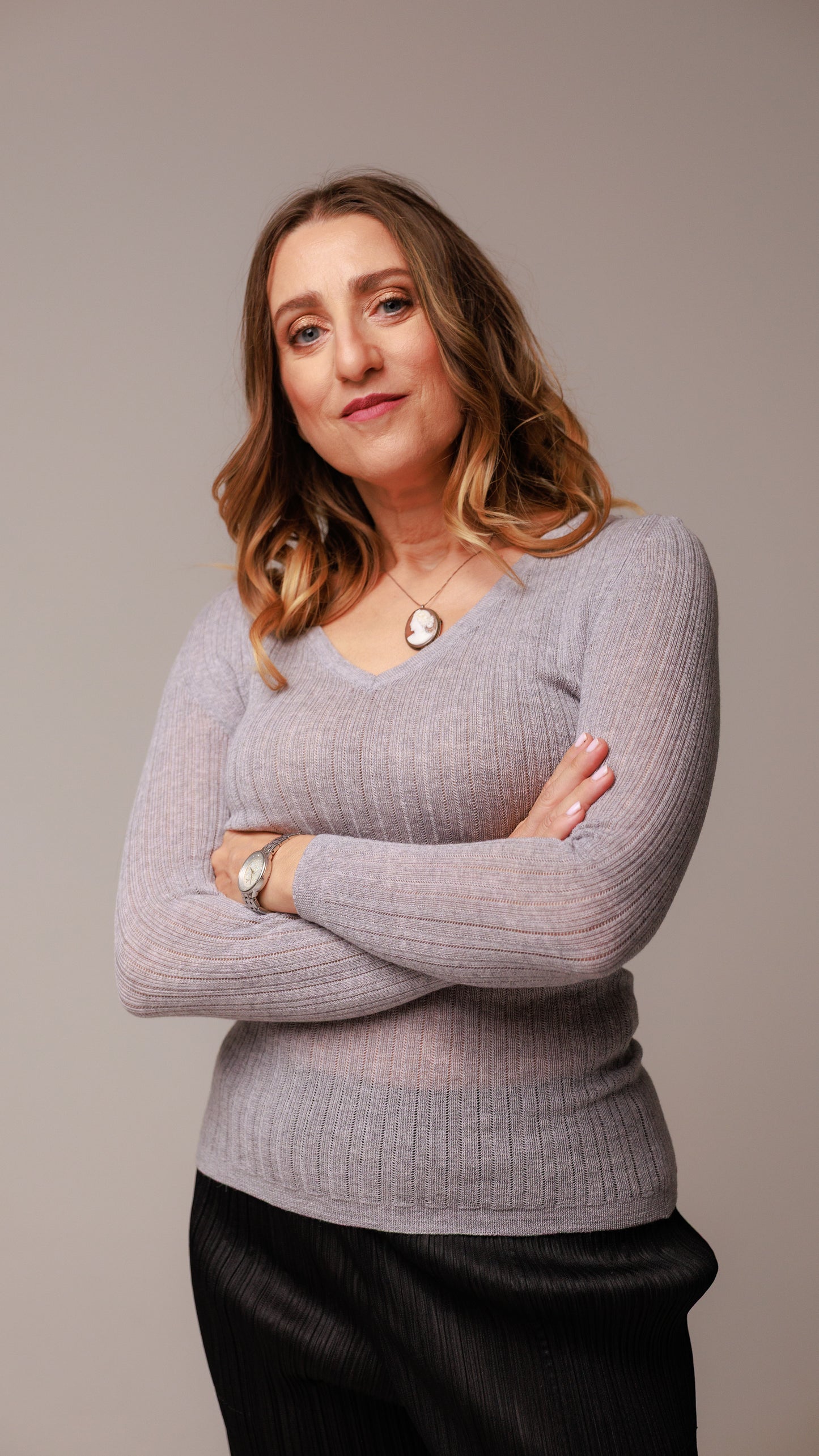 Maglia scollo a v in pizzo di lana a righe lavabile in lavatrice