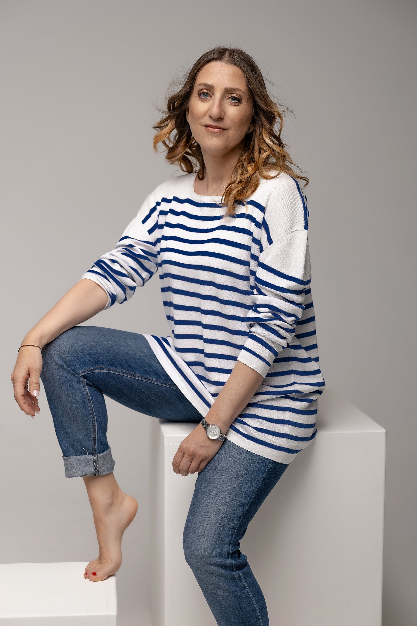 Maglia unisex  a righe puro lino manica LUNGA