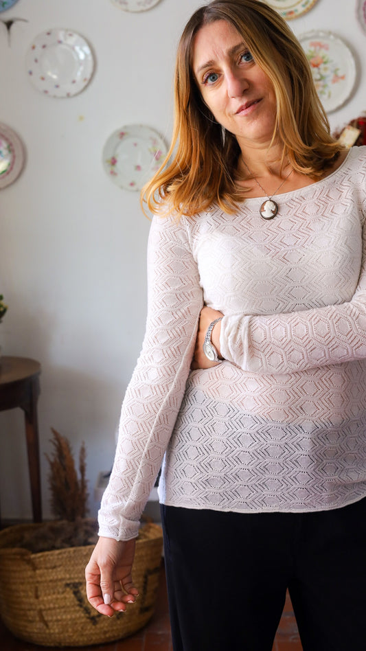 Maglia in pizzo di lana a rombi  collo tondo lavabile in lavatrice - Heyfoo