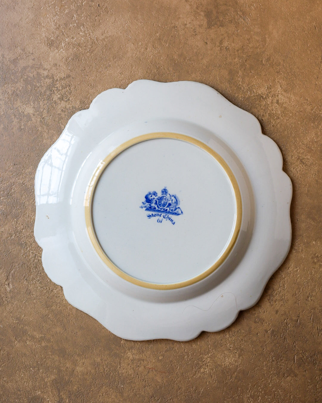 Set di 8 piatti e alzatina in stone china, decoro blu a transfer con paesaggio orientale, Inghilterra, 1820 circa