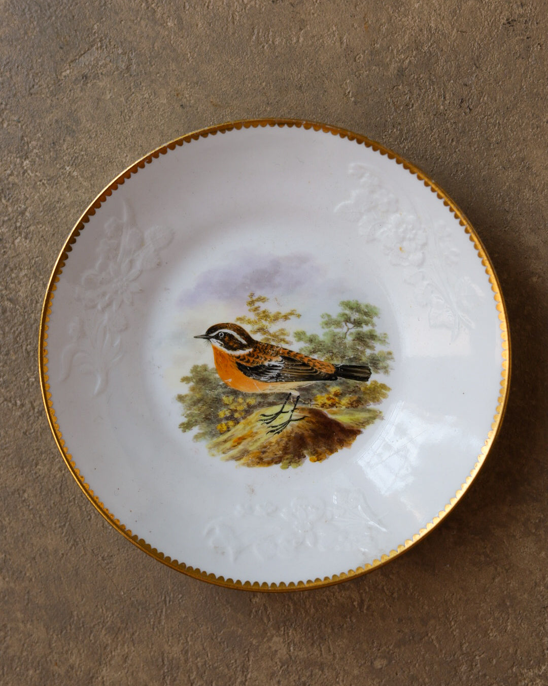 Trio con piattino per biscotti in porcellana Spode, uccelli dipinti a mano e oro, Inghilterra, 1815 circa