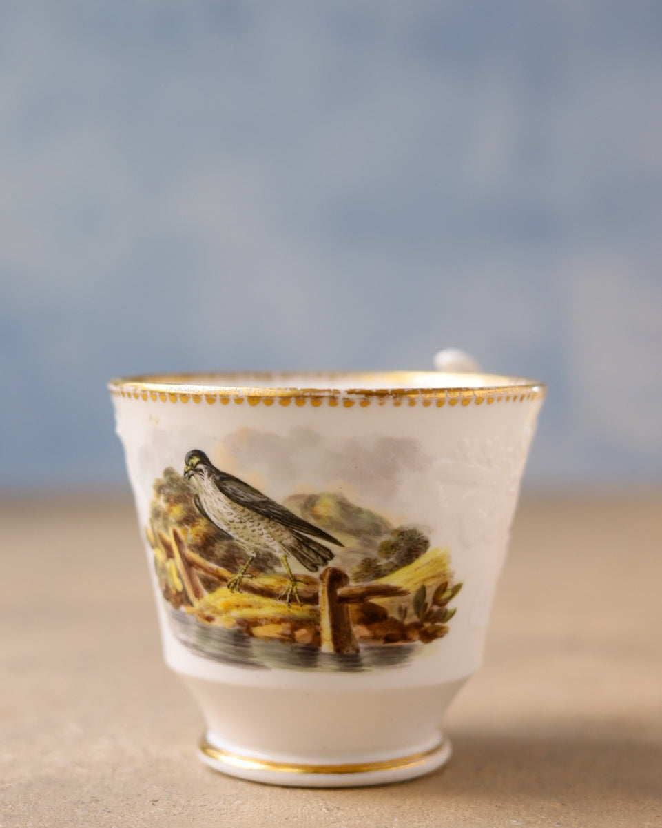 Trio con piattino per biscotti in porcellana Spode, uccelli dipinti a mano e oro, Inghilterra, 1815 circa