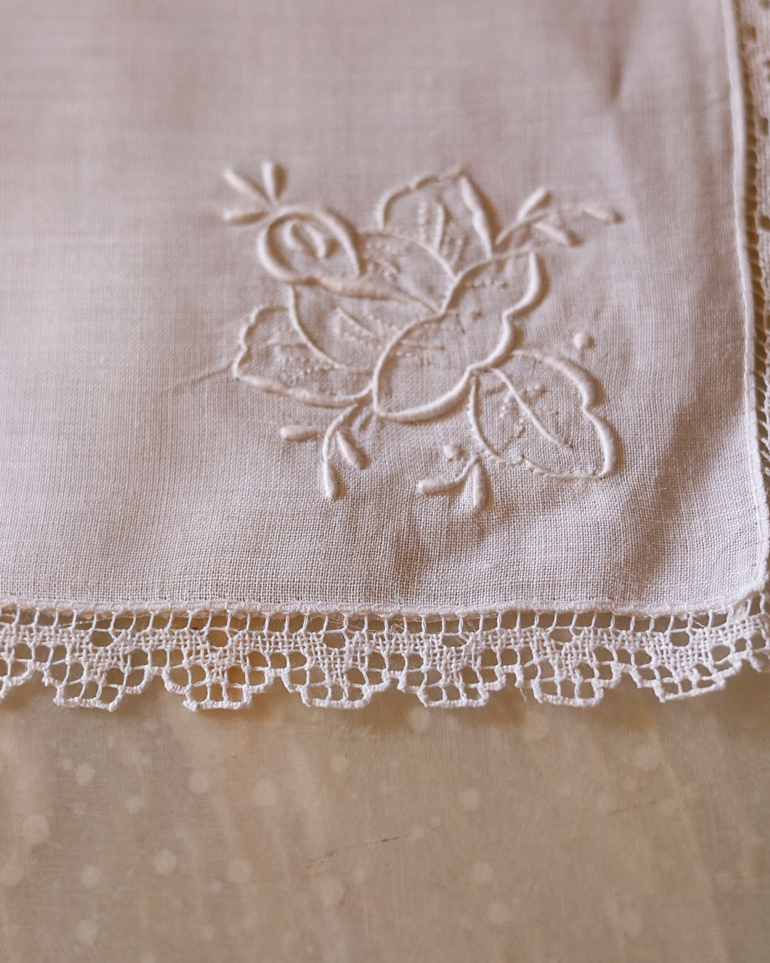 Set 12 tovaglioli da pasto in lino bianco, ricamo punto piatto rialzato e pizzo a tombolo a fuselli — cm 43×43