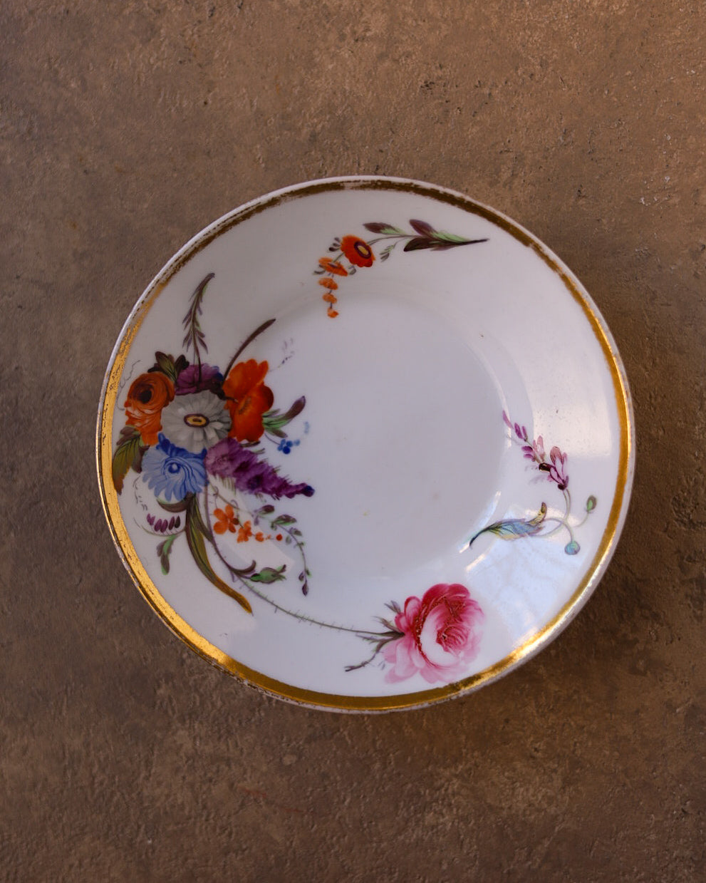 Tazza da tè con piattino in porcellana Spode, forma London, fiori dipinti a mano, Inghilterra, primi dell’800