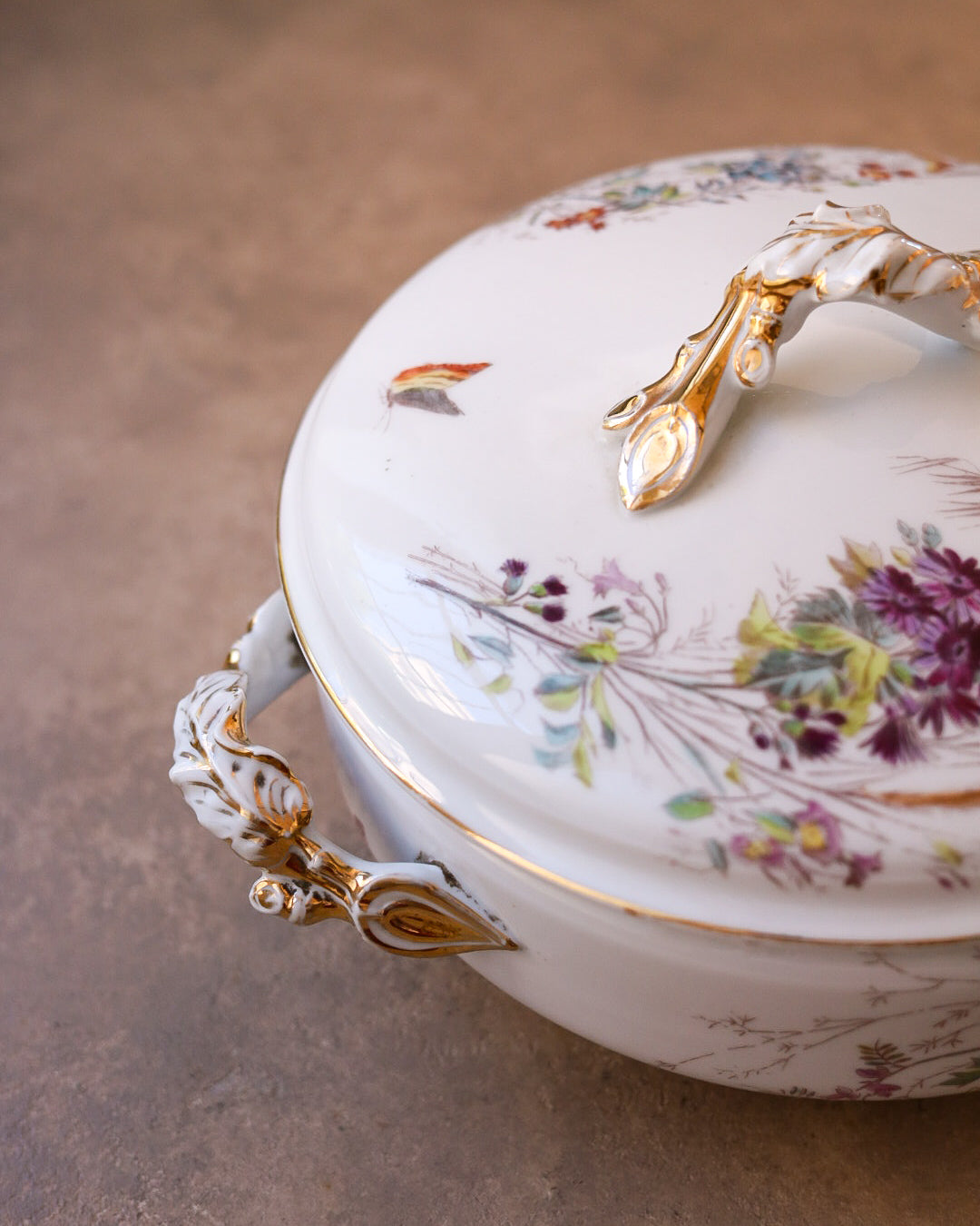 Zuppiera in Porcellana Francese a Decoro Floreale e Farfalle – Fine '800