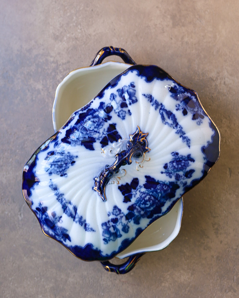 Servizio da Tavola in Porcellana Flow Blue, Marchio Gresham B&S — Inghilterra, Epoca Vittoriana