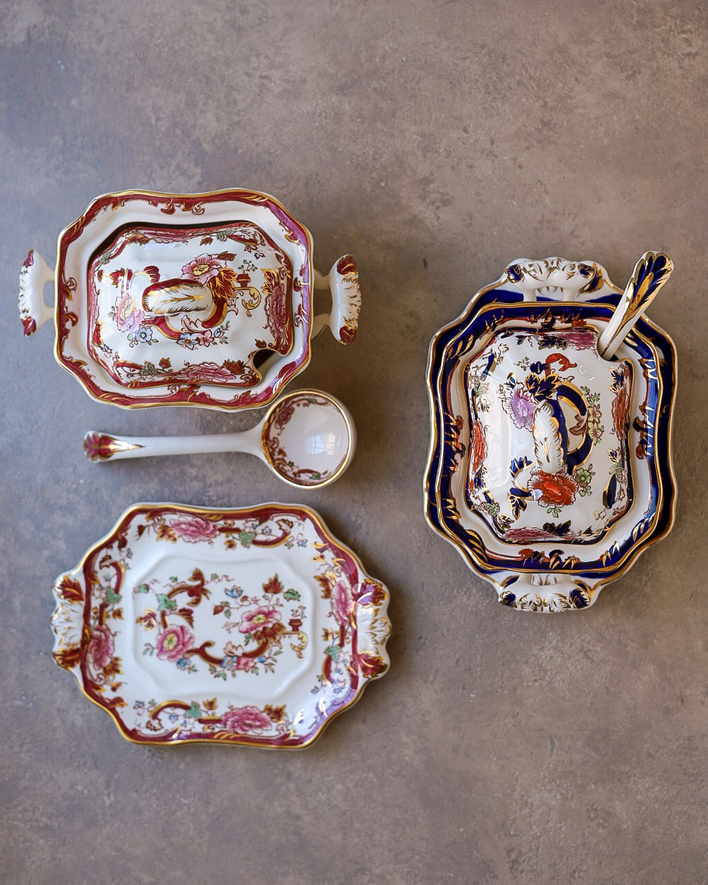 Salsiere Mason's Ironstone con Vassoio e Mestolo, Pattern "Mandarin Red" e "Mandalay" — Inghilterra Anni '20-'30