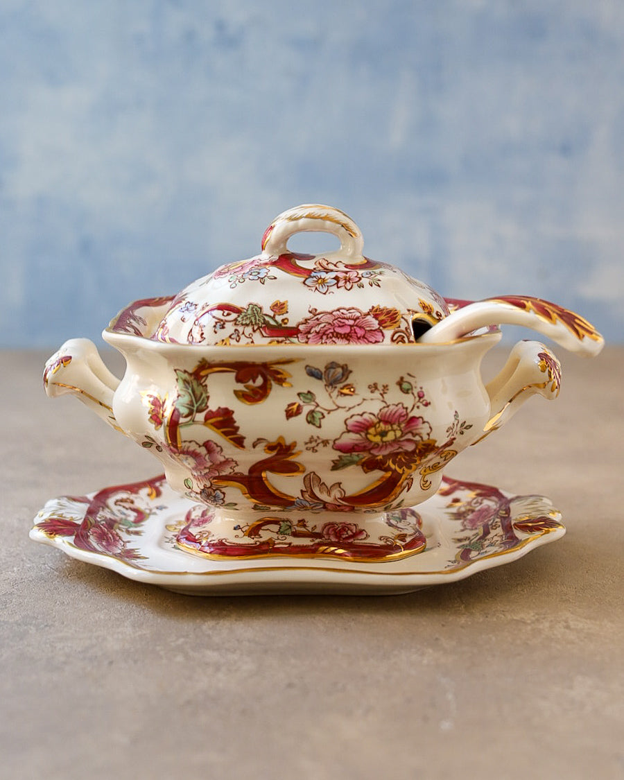 Salsiere Mason's Ironstone con Vassoio e Mestolo, Pattern "Mandarin Red" e "Mandalay" — Inghilterra Anni '20-'30