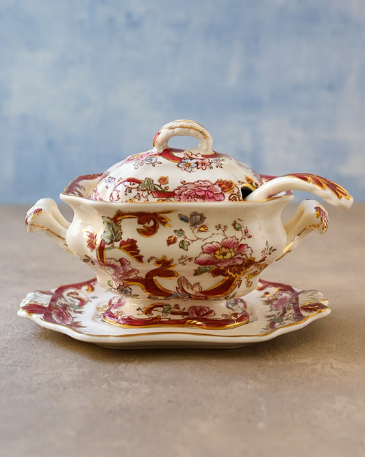 Salsiere Mason's Ironstone con Vassoio e Mestolo, Pattern "Mandarin Red" e "Mandalay" — Inghilterra Anni '20-'30
