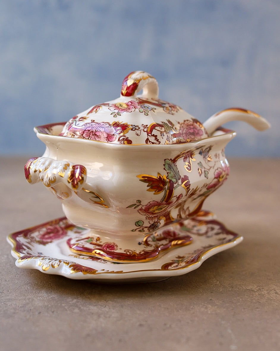 Salsiere Mason's Ironstone con Vassoio e Mestolo, Pattern "Mandarin Red" e "Mandalay" — Inghilterra Anni '20-'30
