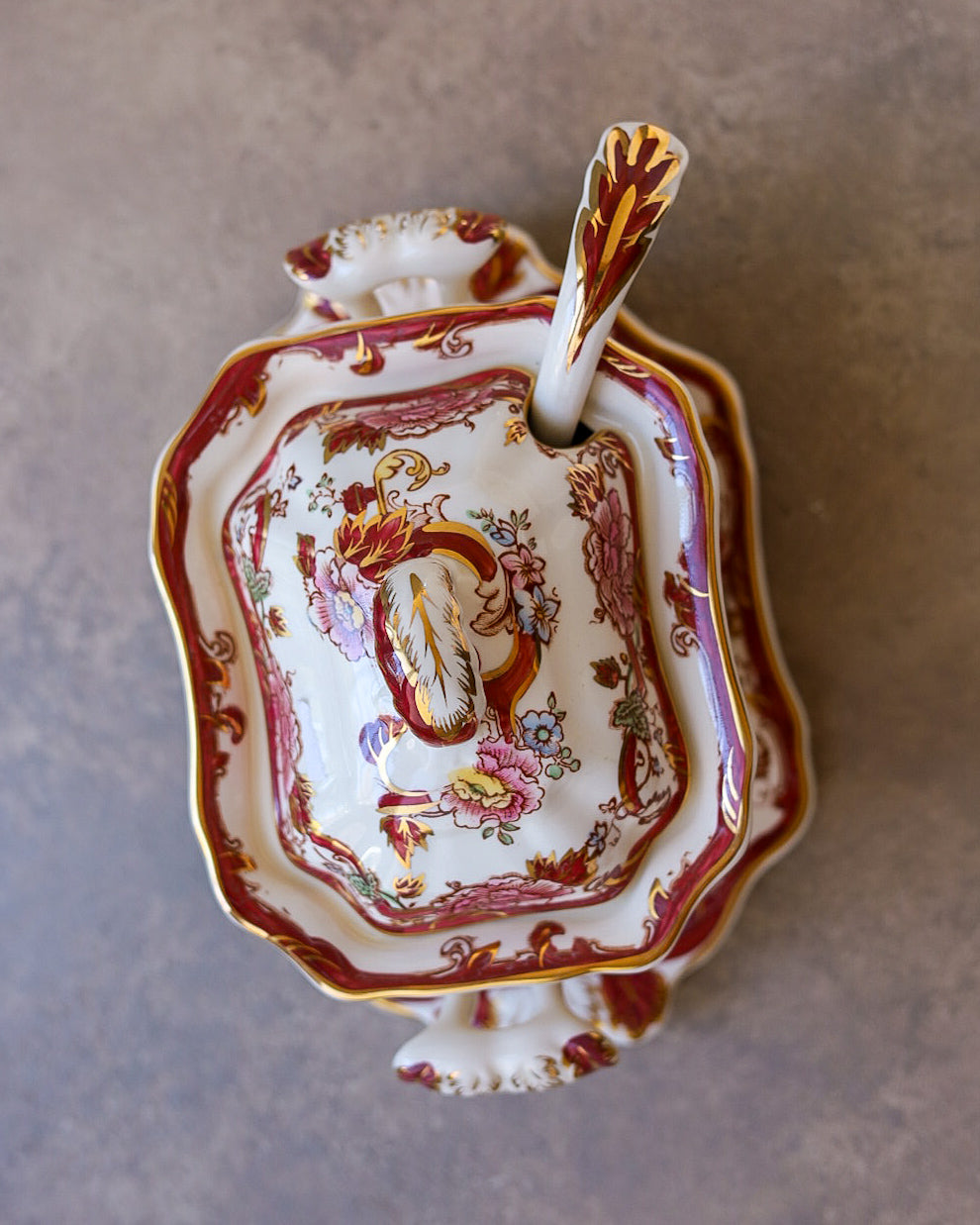 Salsiere Mason's Ironstone con Vassoio e Mestolo, Pattern "Mandarin Red" e "Mandalay" — Inghilterra Anni '20-'30