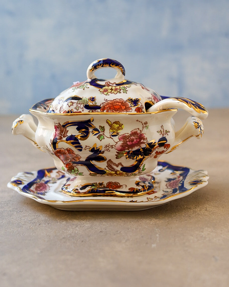 Salsiere Mason's Ironstone con Vassoio e Mestolo, Pattern "Mandarin Red" e "Mandalay" — Inghilterra Anni '20-'30