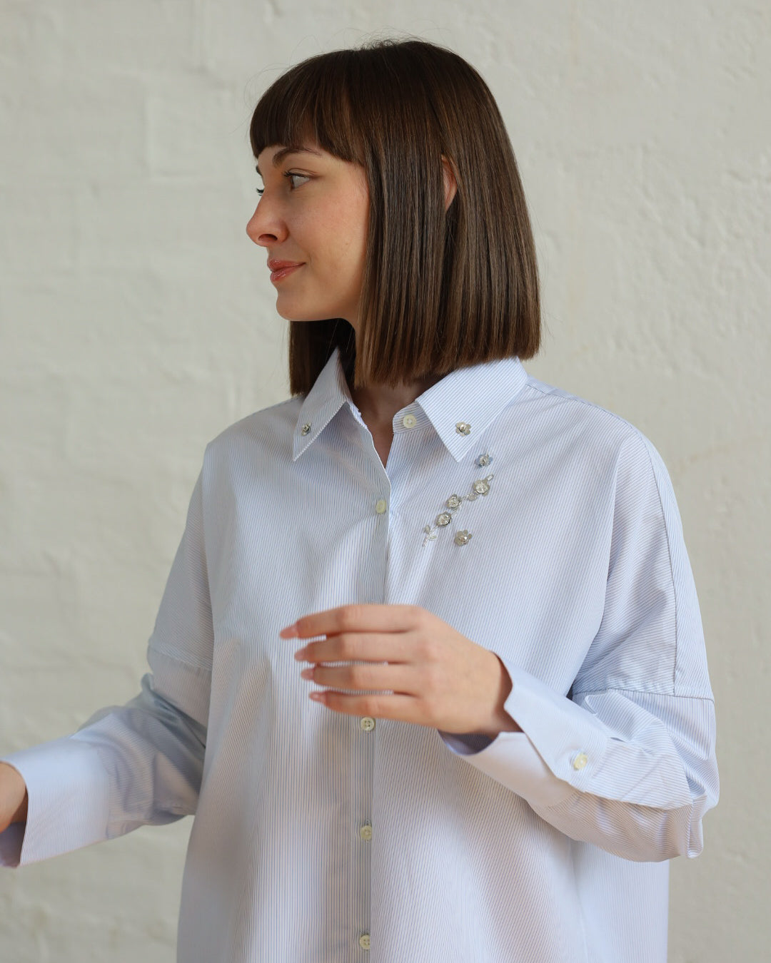Camicia Donna in Popeline di Cotone Stampato — EdizionCamicia in cotone a righe — Ricamo a mano, Manifattura Artigianale Made in Italye Limitata (Copia)