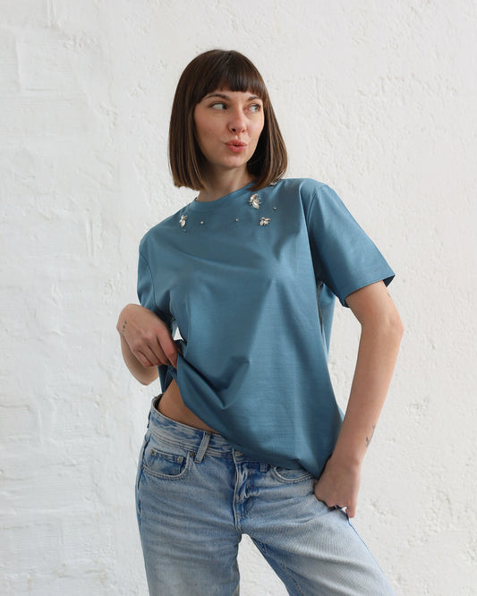 HY 33.33 — T-shirt in Cotone Filo di Scozia — Ricamo a Mano, Manifattura Made in Italy