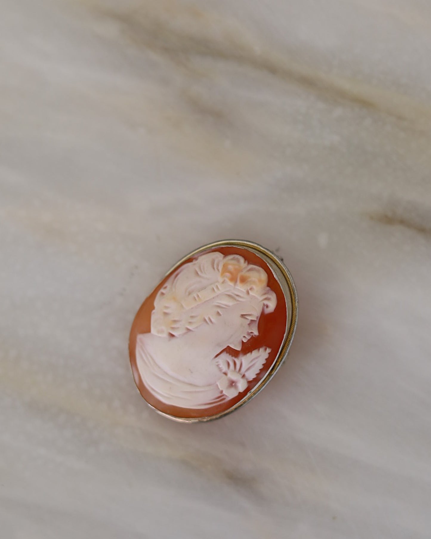 Cammeo in Conchiglia Scolpita a Mano — Montatura in Argento — Anni '30-'50
