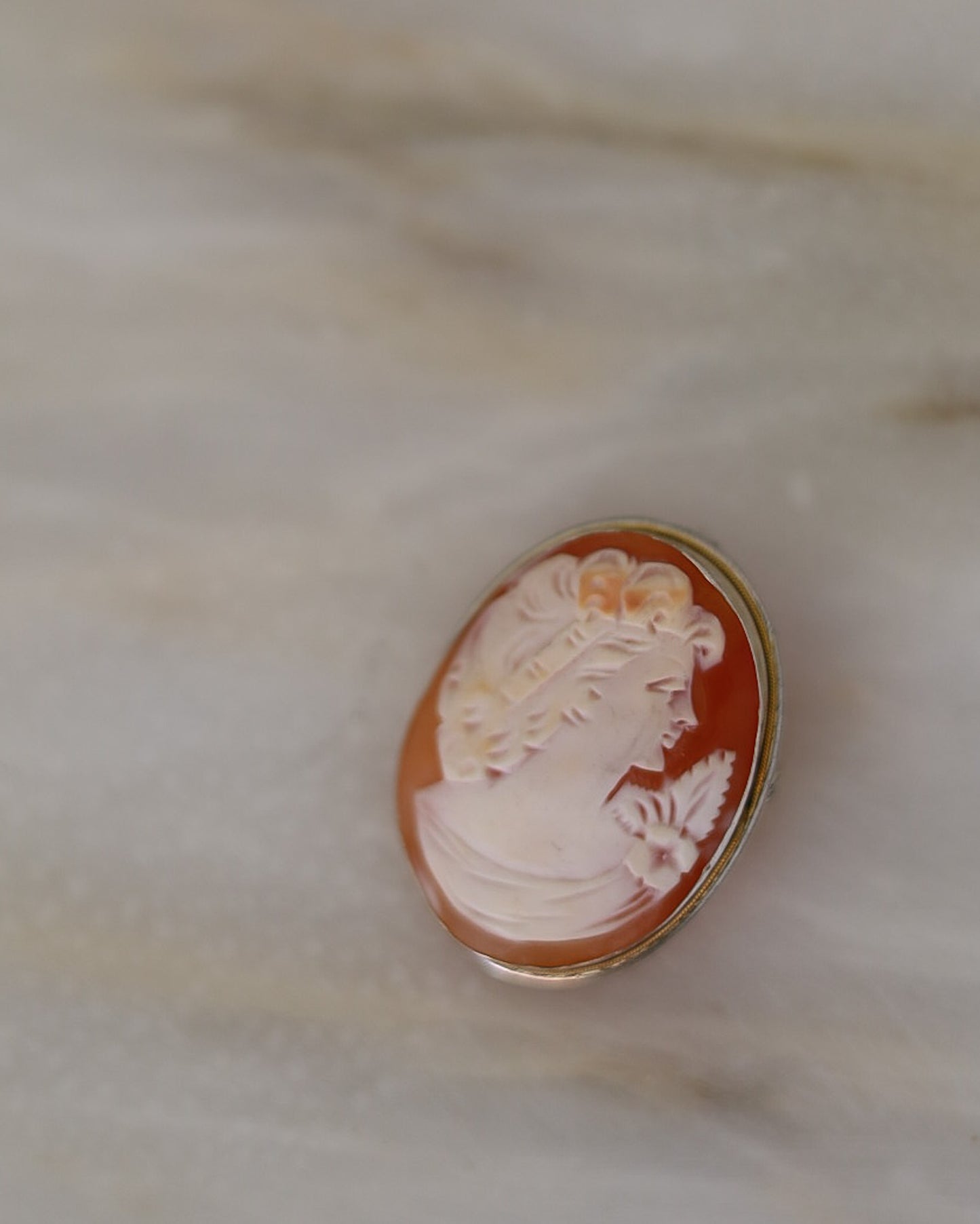 Cammeo in Conchiglia Scolpita a Mano — Montatura in Argento — Anni '30-'50