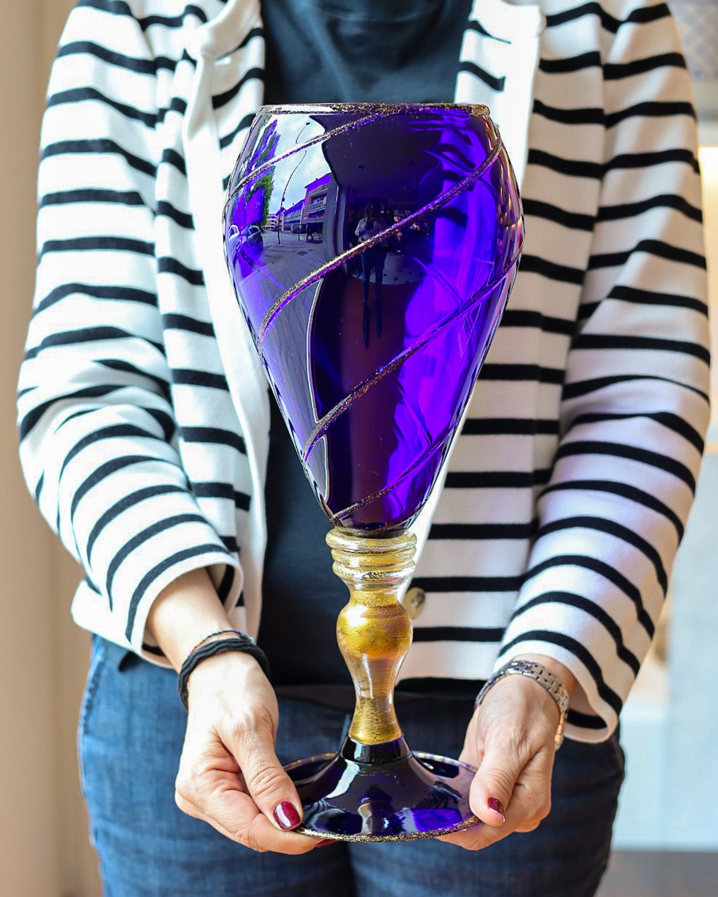 Vaso Gabbiani vetro soffiato tipetto blu e oro