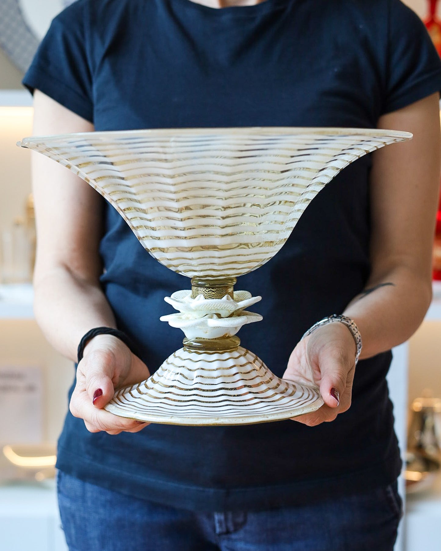 Vaso coppia Gabbiani in vetro soffiato righe bianche e oro zecchino