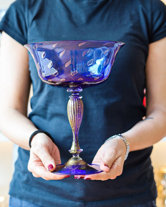 Vaso coppetta Gabbiani in vetro soffiato blu e oro zecchino