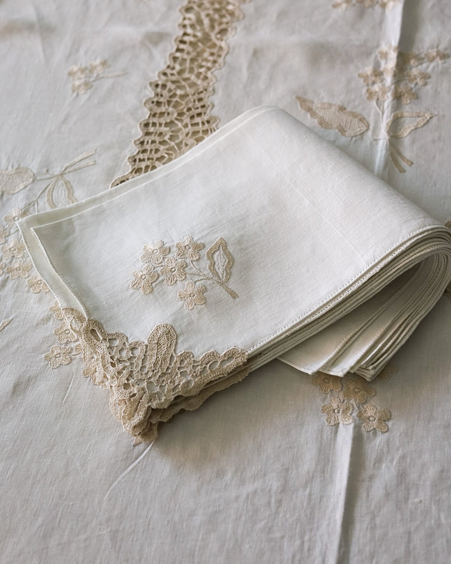 Tovaglia in Lino con Pizzo a Tombolo e Ricamo a Mano — 12 Tovaglioli — cm 260×168