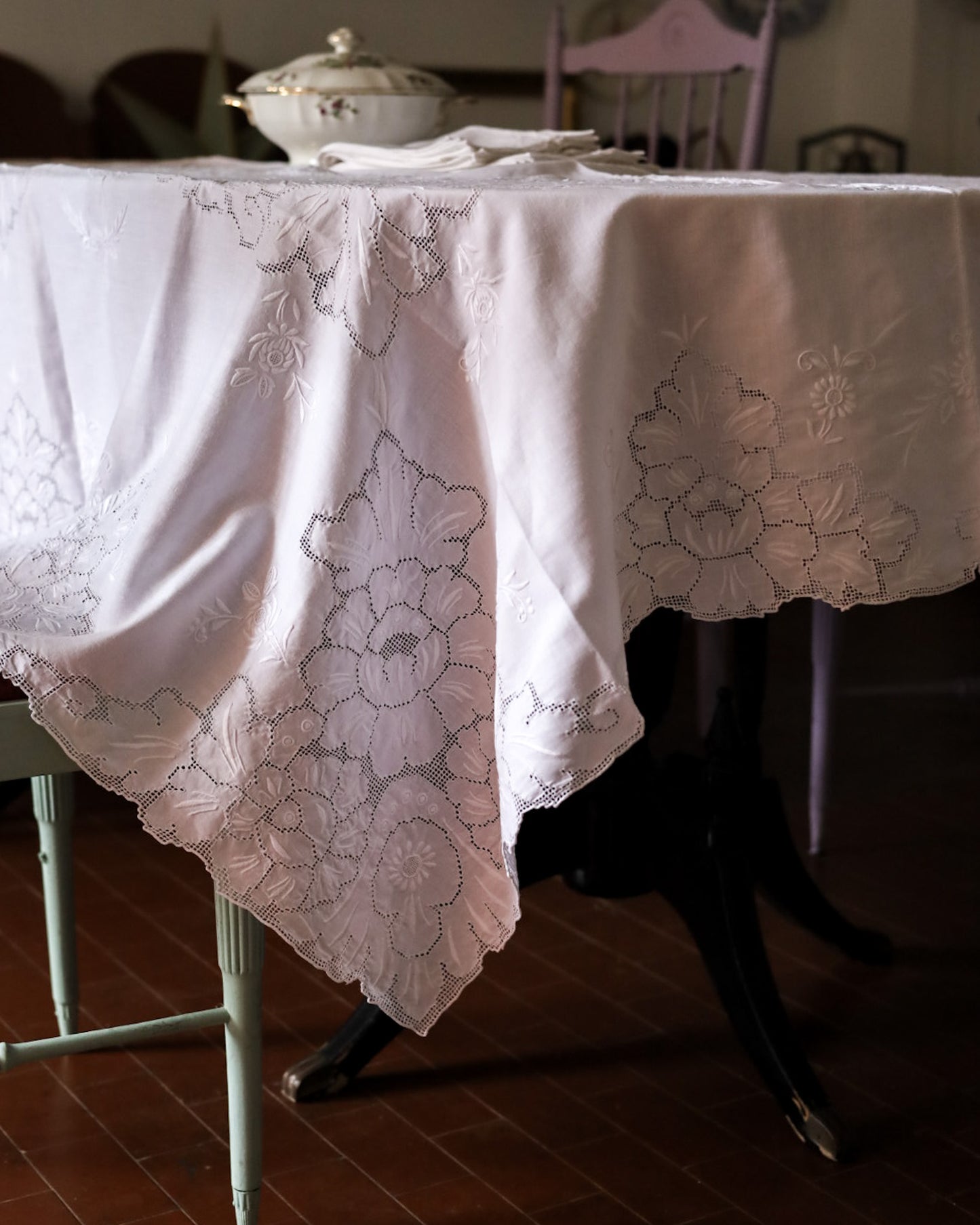 Tovaglia in Lino con Sfilato Siciliano — 12 Tovaglioli — cm 240×162